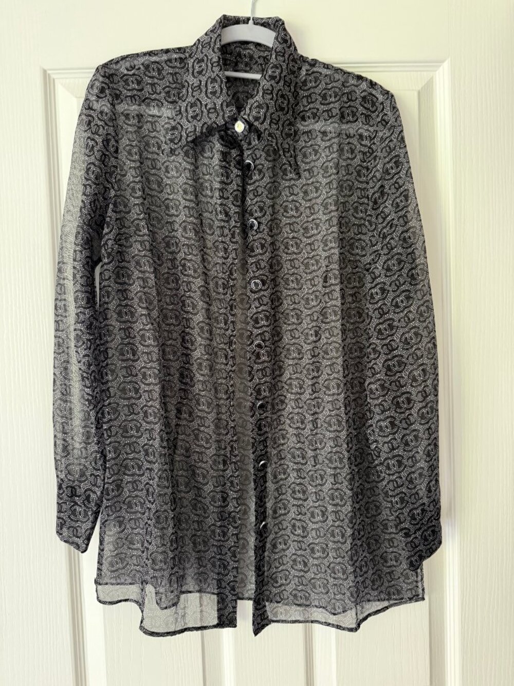 Black Sheer Button-Up Blouse – CC Monogram Dot Print, Long Sleeve